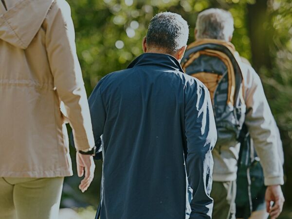 Zwei Männer und eine Frau beim Wandern in der Natur